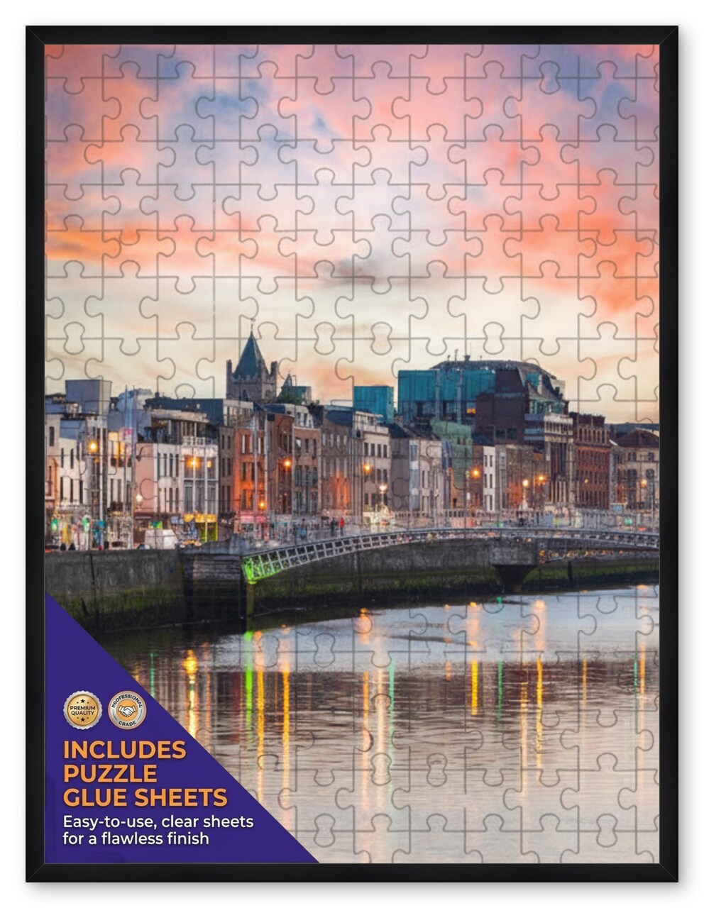 CustomPictureFrames.com Solid Wood Round Mat Puzzle Frame - Multiple Sizes - Black Precision-Cut Mat - Adhesive Preservation Sheets - Assembled in USA Made in the USA